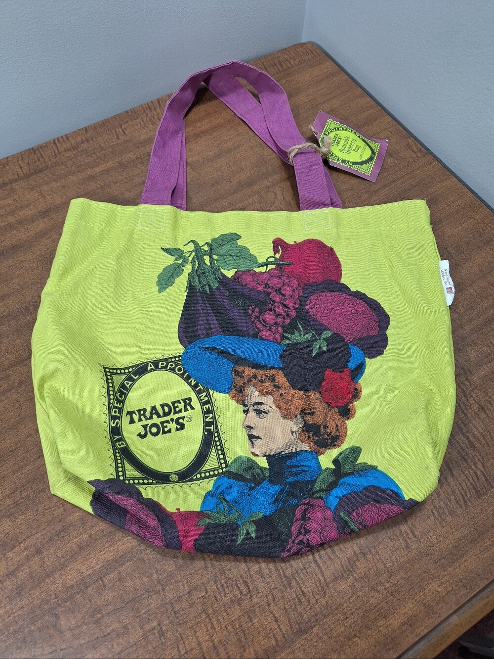 Vintage Trader Joe's Reusable Canvas Tote Grocery Bag Green & Purple Fruit Lady